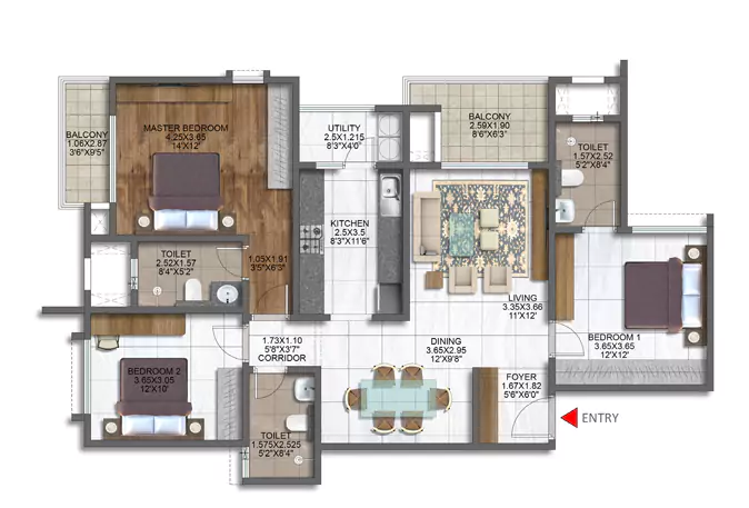 Brigade Sanctuary 3 BHK Floor Plan Type D