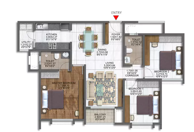 Brigade Sanctuary 3 BHK Floor Plan Type E